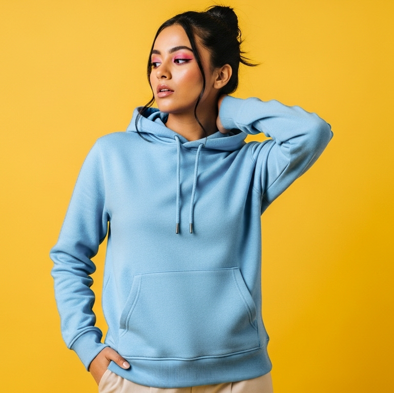 Woman wearing a light blue hoodie against a yellow background